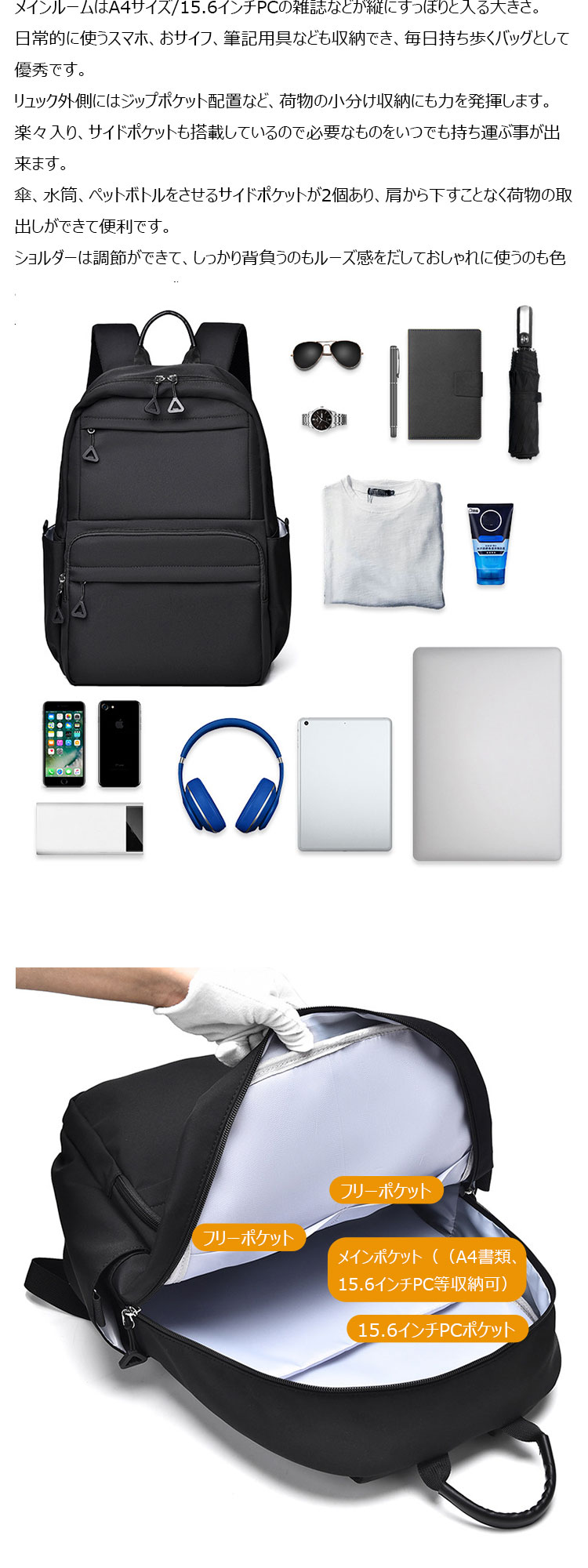 Whatna リュックバック メンズ レディース バックパックリュックサック 手提げバック 肩掛けバッグ マザーズバッグ ダブルファスナー 撥水 軽量 通勤 通学 旅行 カジュアルバック 大容量 スタイリッシュ おしゃれ 男女兼用-9