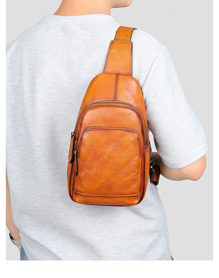 Whatna アンティーク風合い鞣し天 然 牛 革 ワンショルダーメンズ 3way 斜めがけ 肩掛けミニボディバッグ 胸バッグ  2室仕切 本革 厚手 レザー プレゼント 紳士用 男性用 9187-10