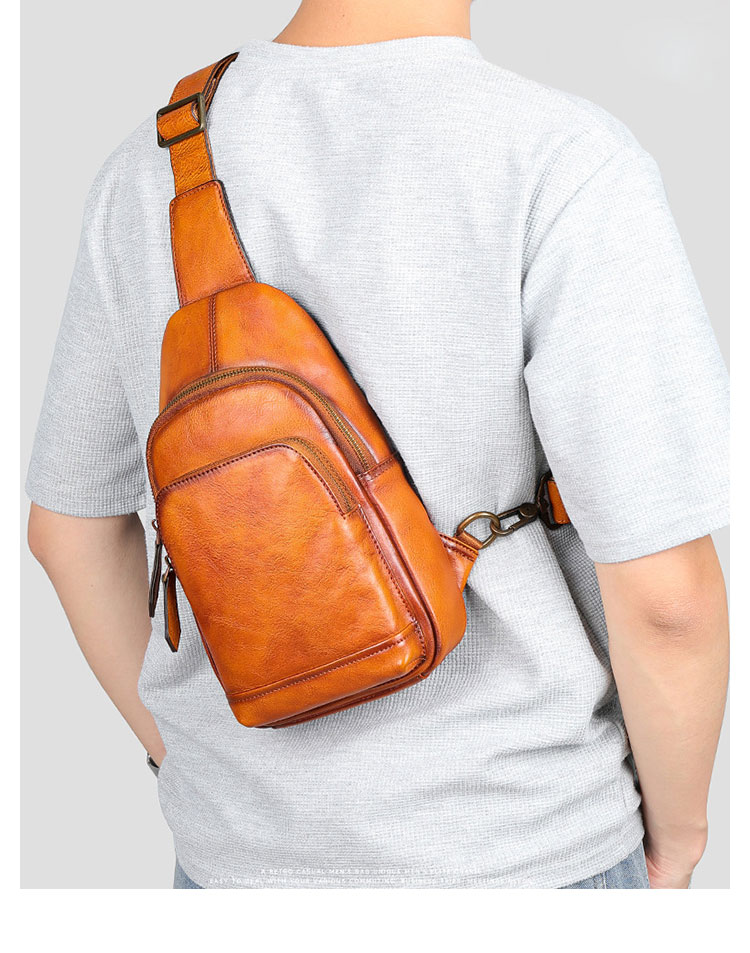 Whatna アンティーク風合い鞣し天 然 牛 革 ワンショルダーメンズ 3way 斜めがけ 肩掛けミニボディバッグ 胸バッグ  2室仕切 本革 厚手 レザー プレゼント 紳士用 男性用 9187-11