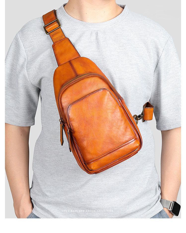 Whatna アンティーク風合い鞣し天 然 牛 革 ワンショルダーメンズ 3way 斜めがけ 肩掛けミニボディバッグ 胸バッグ  2室仕切 本革 厚手 レザー プレゼント 紳士用 男性用 9187-9
