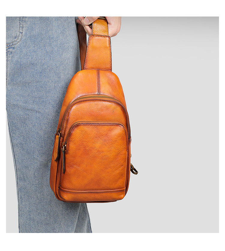 Whatna アンティーク風合い鞣し天 然 牛 革 ワンショルダーメンズ 3way 斜めがけ 肩掛けミニボディバッグ 胸バッグ  2室仕切 本革 厚手 レザー プレゼント 紳士用 男性用 9187-8