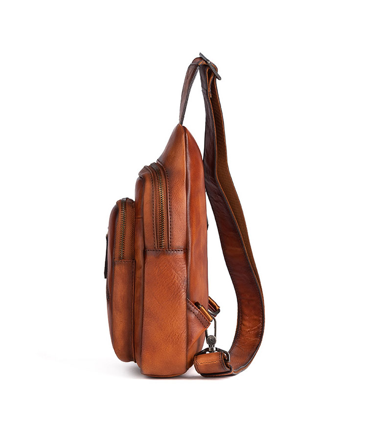 Whatna アンティーク風合い鞣し天 然 牛 革 斜めがけ ボディバッグ ワンショルダー メンズ ボディ斜め掛け 胸バッグ  肩掛けバック本革 厚手 レザー 左右付け替え可能  12046-3