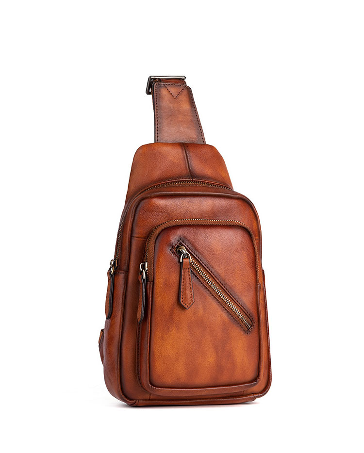 Whatna アンティーク風合い鞣し天 然 牛 革 斜めがけ ボディバッグ ワンショルダー メンズ ボディ斜め掛け 胸バッグ  肩掛けバック本革 厚手 レザー 左右付け替え可能  12046-1