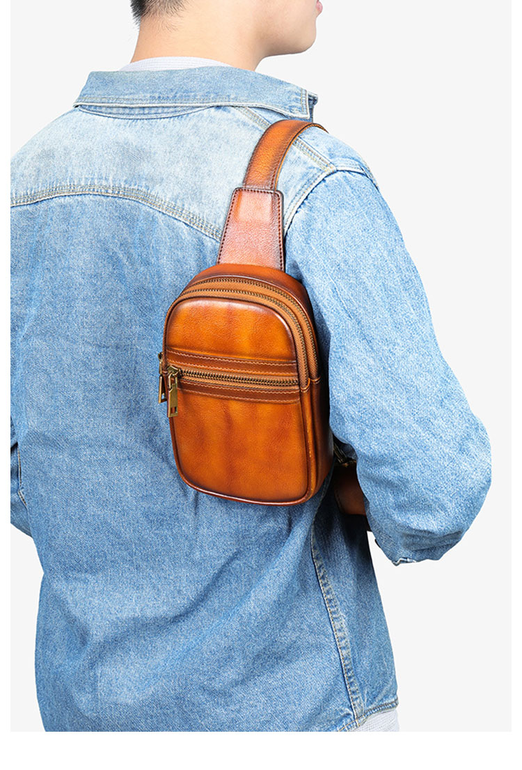 Whatna アンティーク風合い鞣し天 然 牛 革 ワンショルダーメンズ 3way 斜めがけ 肩掛けミニボディバッグ 胸バッグ  2室仕切 本革 厚手 レザー プレゼント 紳士用 男性用 9195-8