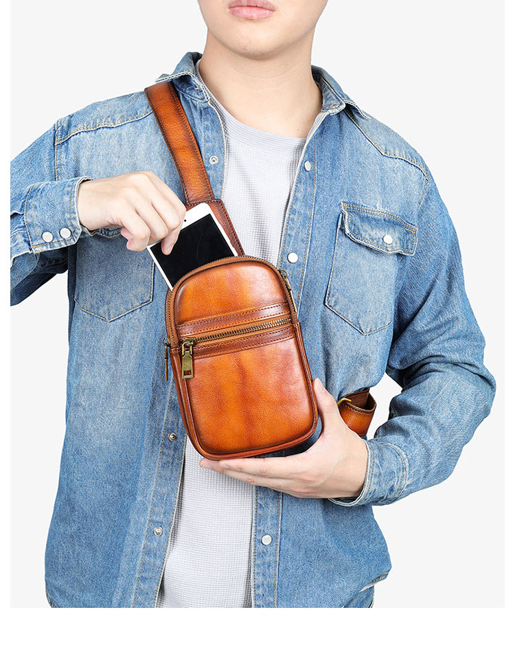 Whatna アンティーク風合い鞣し天 然 牛 革 ワンショルダーメンズ 3way 斜めがけ 肩掛けミニボディバッグ 胸バッグ  2室仕切 本革 厚手 レザー プレゼント 紳士用 男性用 9195-9