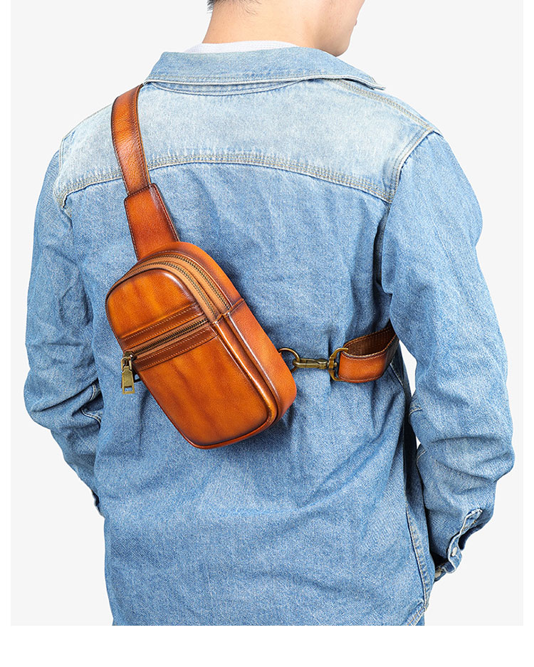 Whatna アンティーク風合い鞣し天 然 牛 革 ワンショルダーメンズ 3way 斜めがけ 肩掛けミニボディバッグ 胸バッグ  2室仕切 本革 厚手 レザー プレゼント 紳士用 男性用 9195-10