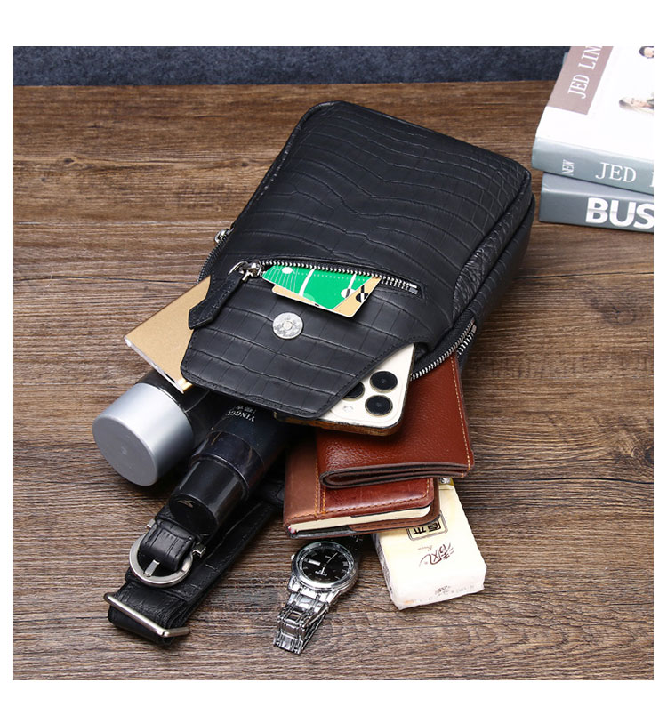 Whatna クロコダイル革 本革 斜めがけ ボディバッグ ワンショルダー メンズ ボディ斜め掛け 胸バッグ 厚手 レザー ワニ革 黒 6356-7