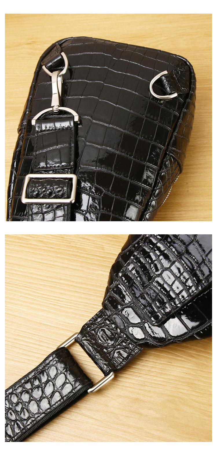 Whatna クロコダイル革 本革 斜めがけ ボディバッグ ワンショルダー メンズ ボディ斜め掛け 胸バッグ 厚手 レザー ワニ革 黑9891-8