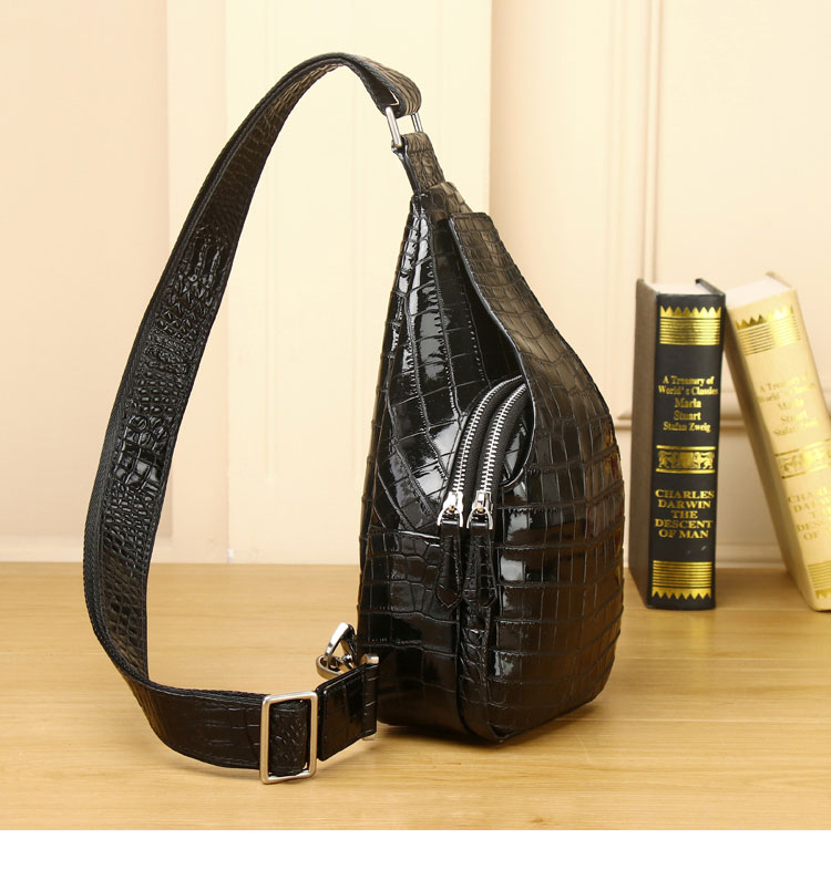 Whatna クロコダイル革 本革 斜めがけ ボディバッグ ワンショルダー メンズ ボディ斜め掛け 胸バッグ 厚手 レザー ワニ革 黑9891-2
