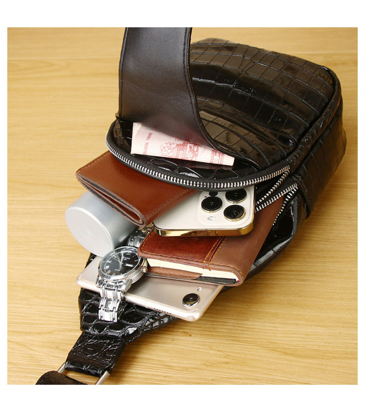 Whatna クロコダイル革 本革 斜めがけ ボディバッグ ワンショルダー メンズ ボディ斜め掛け 胸バッグ 厚手 レザー ワニ革 黑9891-7