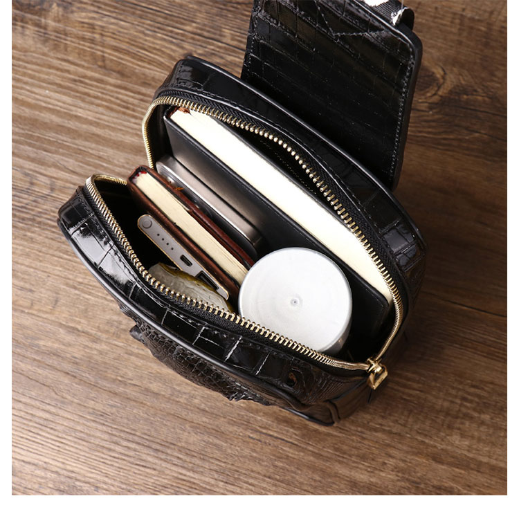 Whatna クロコダイル革 斜めがけ ボディバッグ ワンショルダー メンズッグ ボディ斜め掛け 胸バッグ ワニ革 本革 厚手 レザー 黑6529-8