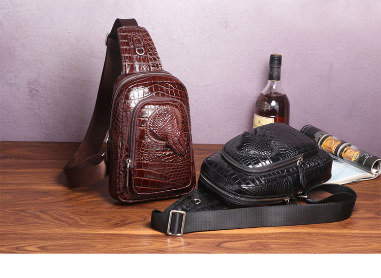 Whatna クロコダイル革 斜めがけ ボディバッグ ワンショルダー メンズバッグ ボディ斜め掛け 胸バッグ 本革 厚手 レザー ワニ革 黑 6163-1