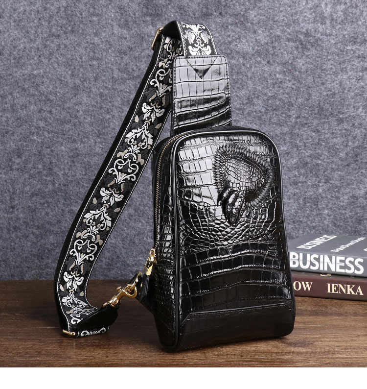 Whatna クロコダイル革 斜めがけ ボディバッグ ワンショルダー メンズッグ ボディ斜め掛け 胸バッグ ワニ革 本革 厚手 レザー 黑6529-1