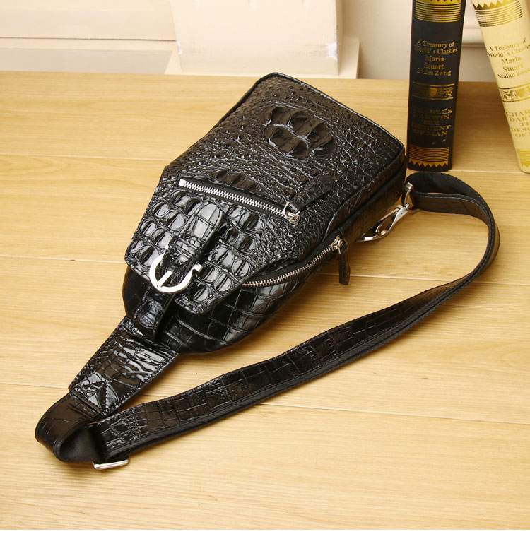 Whatna クロコダイル革 本革 斜めがけ ボディバッグ ワンショルダー メンズバッグ ボディ斜め掛け胸バッグ ワニ革 厚手 レザー 黑 ブラウン 6536-5
