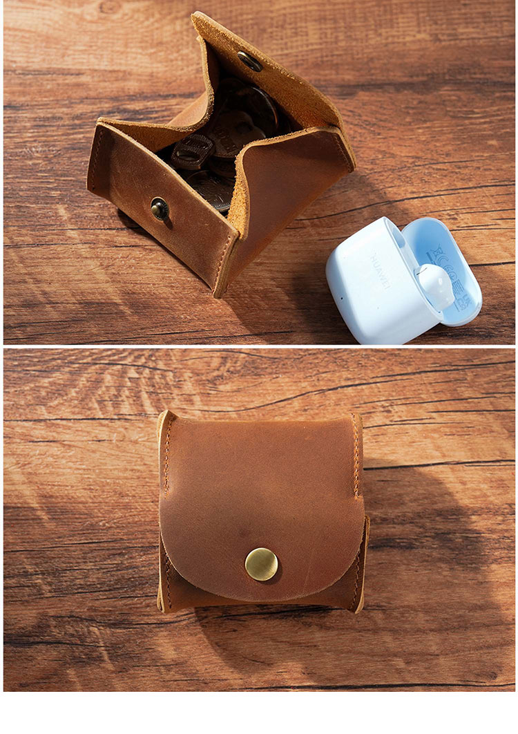 Whatna 天然 牛革 手作り 小銭入れ コインケース メンズ レディース ミニサコッシュ カラビナポーチ 厚 手 レザー 本革 手のひらサイズミニジュエリーボック イヤホン収納ケース PL-104-2