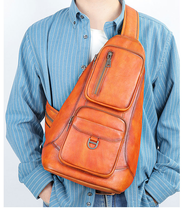 Whatna アンティーク風合い鞣し天 然 牛 革 斜めがけ ボディバッグ ワンショルダー メンズ ボディ斜め掛け 胸バッグ 肩掛けバック本革 厚手 レザー 左右付け替え可能 9176-10