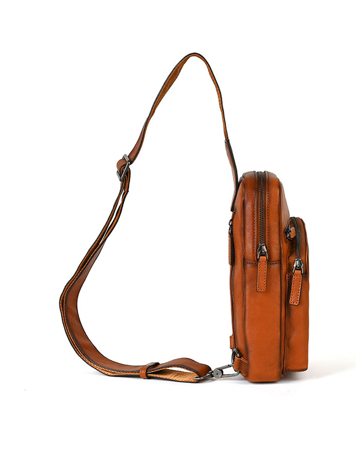 Whatna アンティーク風合い鞣し天 然 牛 革 斜めがけ ボディバッグ ワンショルダー メンズ ボディ斜め掛け 胸バッグ  肩掛けバック本革 厚手 レザー 左右付け替え可能 12055-3