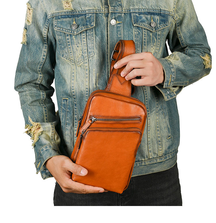 Whatna アンティーク風合い鞣し天 然 牛 革 斜めがけ ボディバッグ ワンショルダー メンズ ボディ斜め掛け 胸バッグ  肩掛けバック本革 厚手 レザー 左右付け替え可能 12055-10