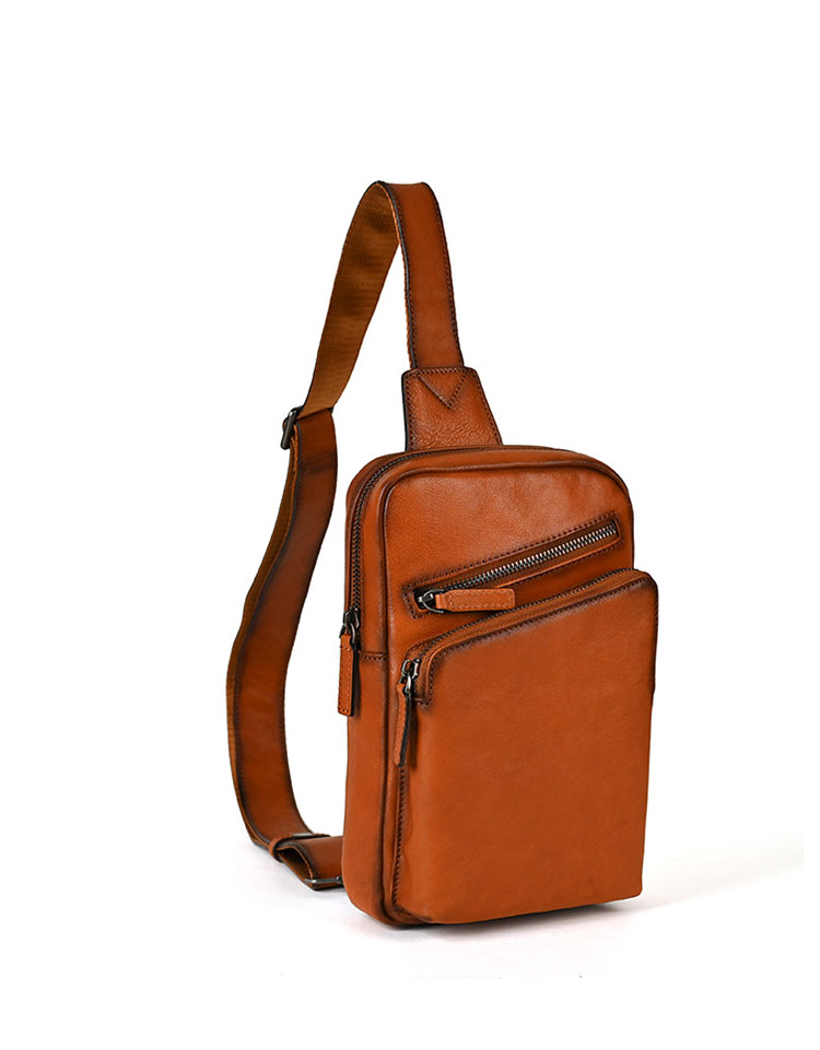 Whatna アンティーク風合い鞣し天 然 牛 革 斜めがけ ボディバッグ ワンショルダー メンズ ボディ斜め掛け 胸バッグ  肩掛けバック本革 厚手 レザー 左右付け替え可能 12055-1