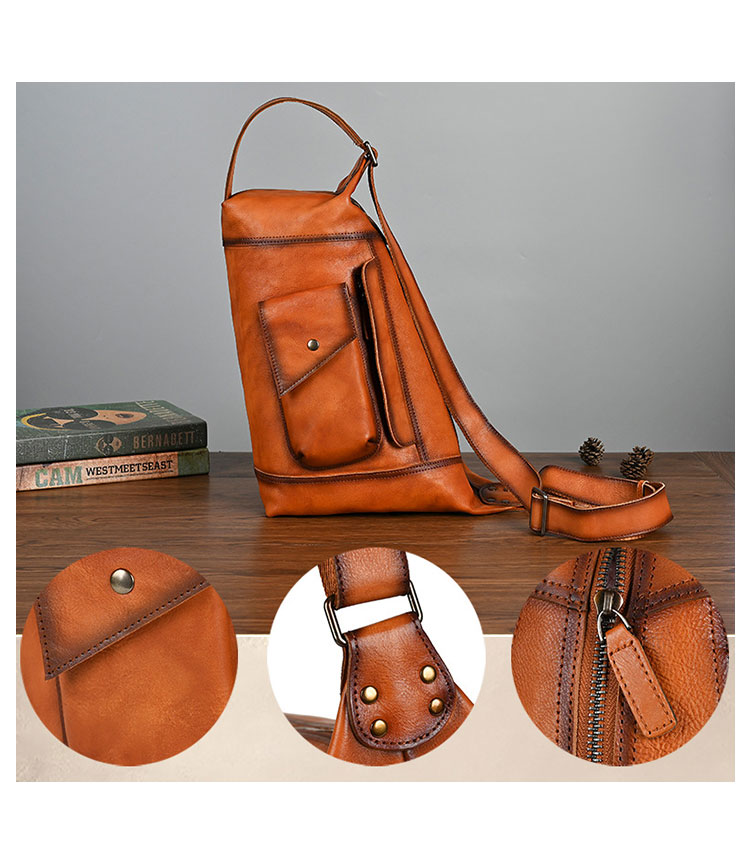 Whatna アンティーク風合い鞣し天 然 牛 革 斜めがけ ボディバッグ ワンショルダー メンズ ボディ斜め掛け 胸バッグ 肩掛けバック本革 厚手 レザー 左右付け替え可能 LW13642-7