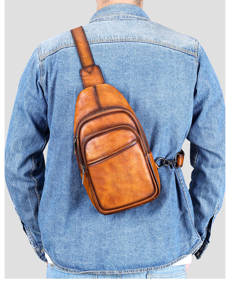 Whatna アンティーク風合い鞣し天 然 牛 革 ワンショルダーメンズ 3way 斜めがけ 肩掛けミニボディバッグ 胸バッグ  本革 厚手 レザーIpad Mini収納可 9213-8