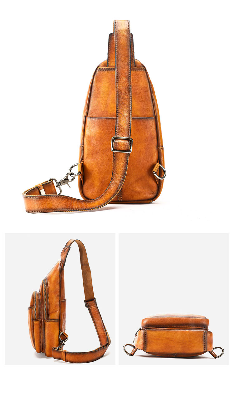 Whatna アンティーク風合い鞣し天 然 牛 革 ワンショルダーメンズ 3way 斜めがけ 肩掛けミニボディバッグ 胸バッグ  本革 厚手 レザーIpad Mini収納可 9213-3