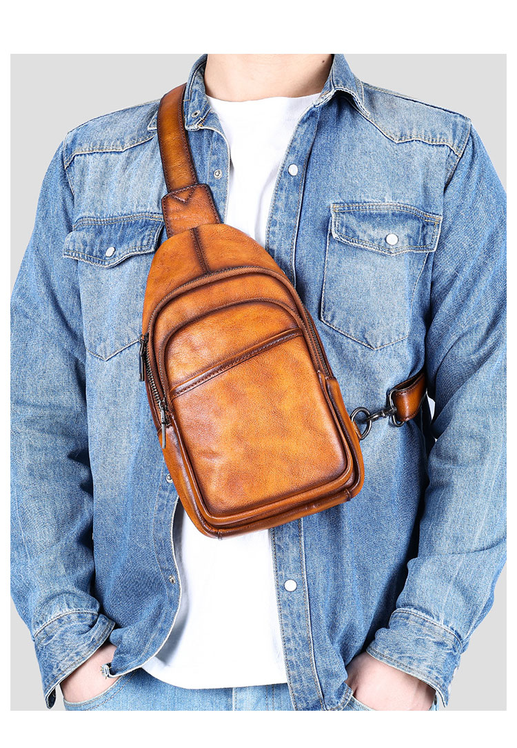 Whatna アンティーク風合い鞣し天 然 牛 革 ワンショルダーメンズ 3way 斜めがけ 肩掛けミニボディバッグ 胸バッグ  本革 厚手 レザーIpad Mini収納可 9213-7