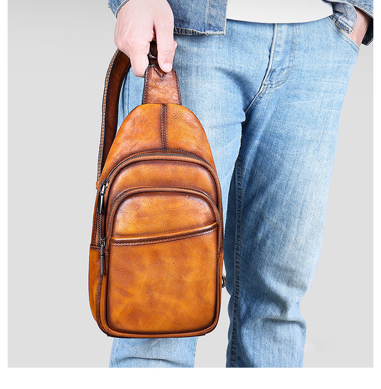 Whatna アンティーク風合い鞣し天 然 牛 革 ワンショルダーメンズ 3way 斜めがけ 肩掛けミニボディバッグ 胸バッグ  本革 厚手 レザーIpad Mini収納可 9213-9