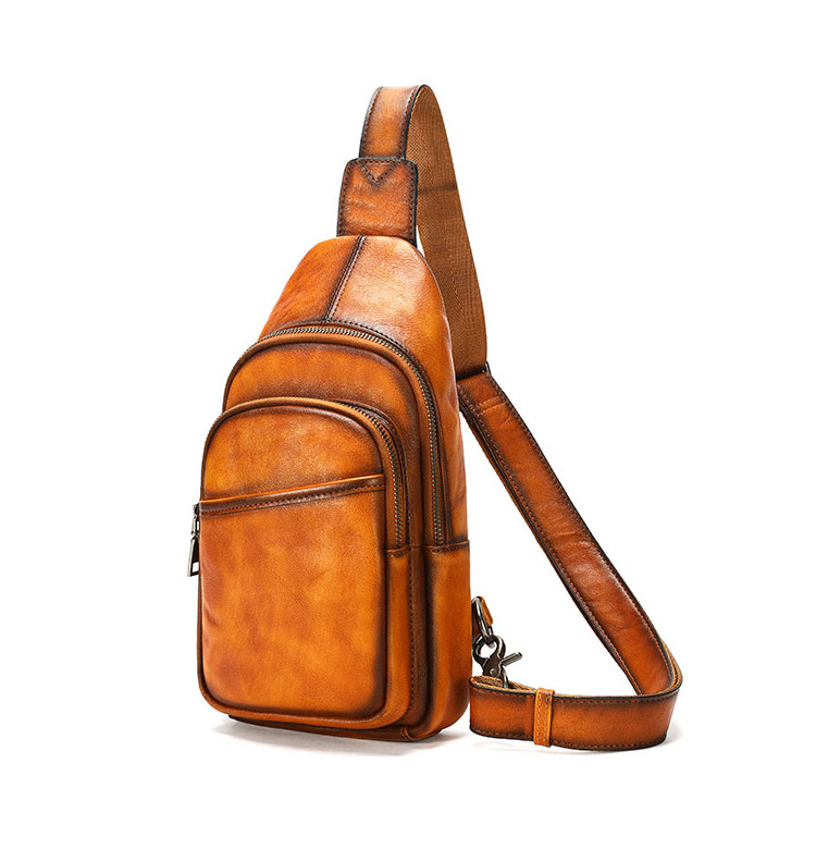 Whatna アンティーク風合い鞣し天 然 牛 革 ワンショルダーメンズ 3way 斜めがけ 肩掛けミニボディバッグ 胸バッグ  本革 厚手 レザーIpad Mini収納可 9213-2