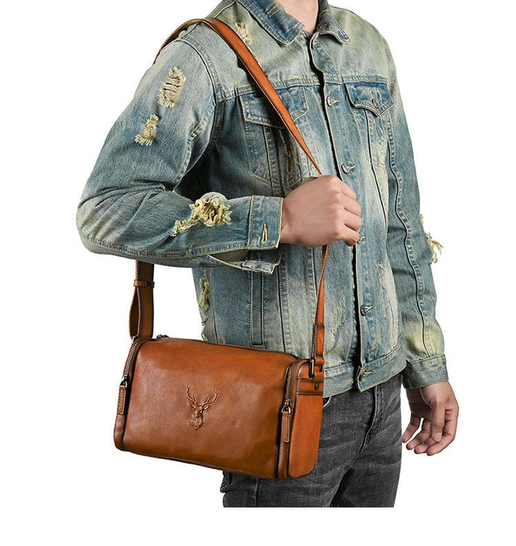 Whatna アンティーク風合い鞣し天 然 牛 革 斜めがけ ボディバッグ ワンショルダー メンズ ボディ斜め掛け 胸バッグ  肩掛けバック本革 厚手 レザー 左右付け替え可能  13800-10