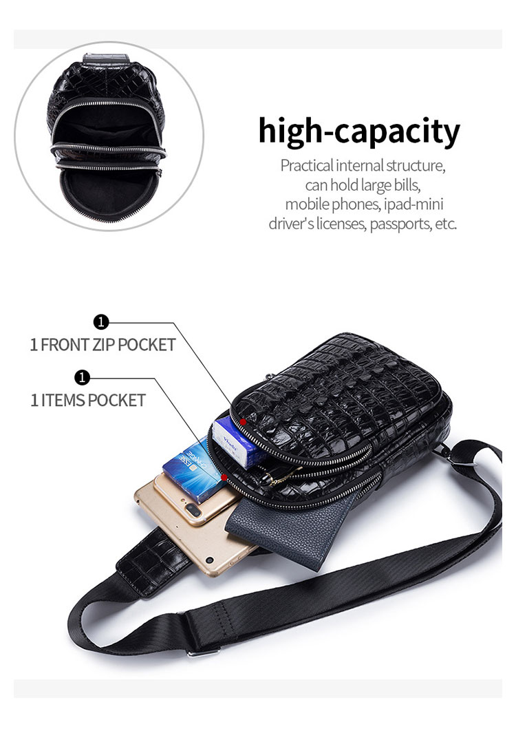Whatna クロコダイル型押し 天 然 牛革 斜めがけ ボディバッグ ワンショルダー メンズ  本 革 厚手 レザー  黒 ブラウン ML-8879-5