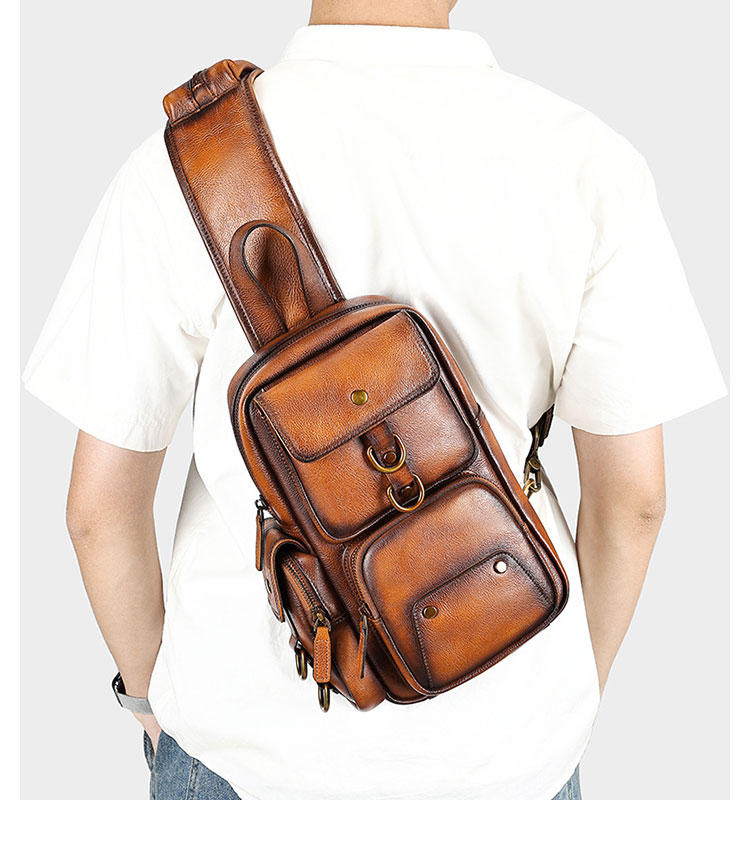 Whatna アンティーク風合い鞣し天 然 牛 革 ワンショルダーメンズバッグボディバッグ 胸バッグ斜めがけバッグ 肩掛けバッグ  本革 厚手 レザー プレゼント 紳士用 男性用 13619-7