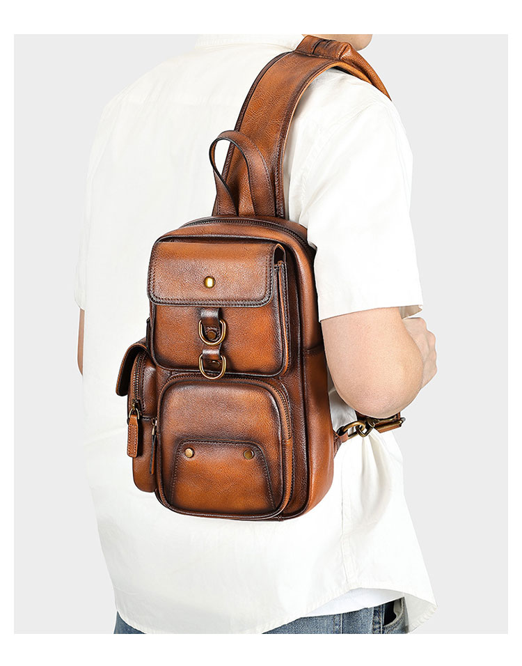 Whatna アンティーク風合い鞣し天 然 牛 革 ワンショルダーメンズバッグボディバッグ 胸バッグ斜めがけバッグ 肩掛けバッグ  本革 厚手 レザー プレゼント 紳士用 男性用 13619-6