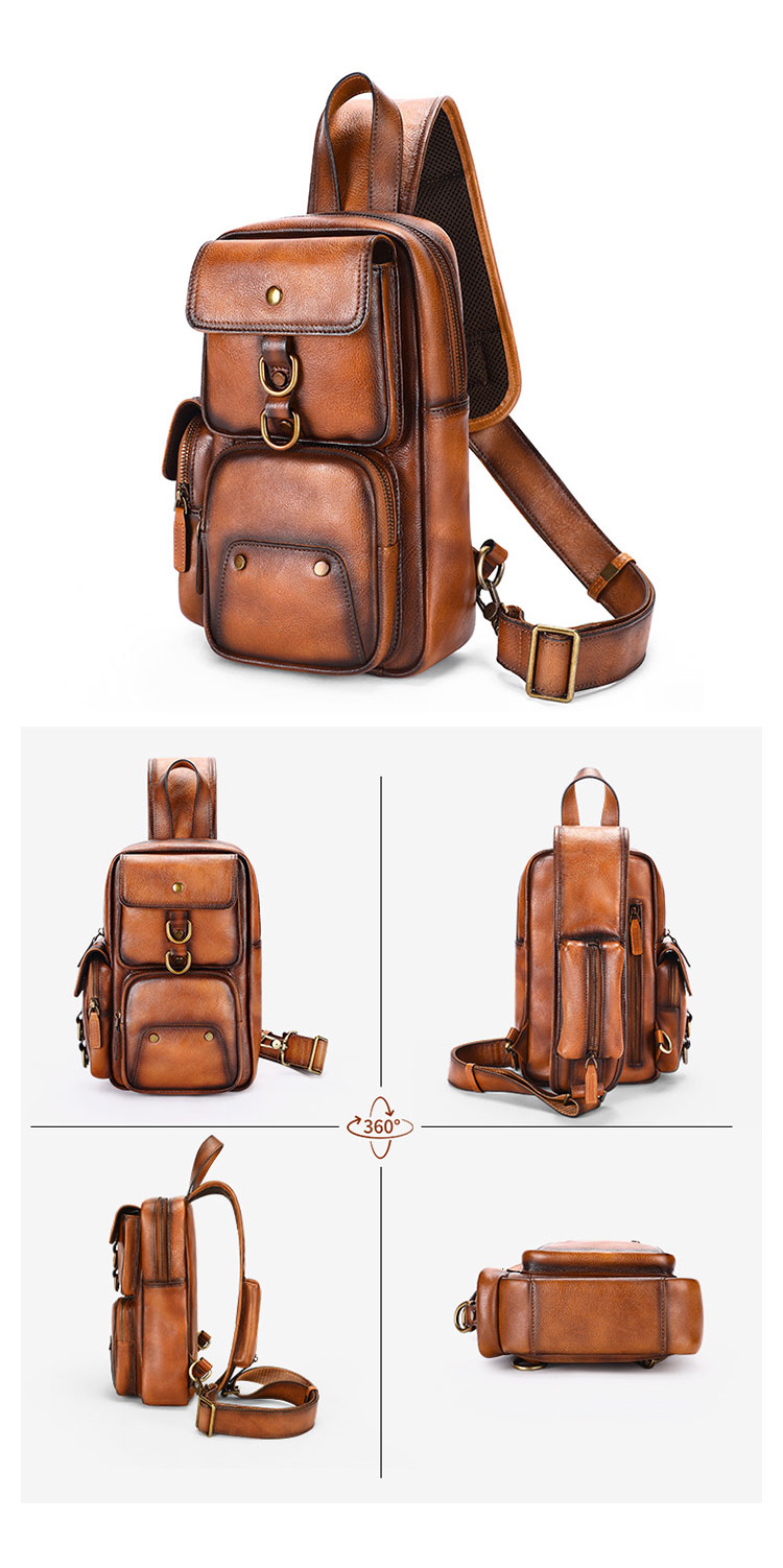 Whatna アンティーク風合い鞣し天 然 牛 革 ワンショルダーメンズバッグボディバッグ 胸バッグ斜めがけバッグ 肩掛けバッグ  本革 厚手 レザー プレゼント 紳士用 男性用 13619-9