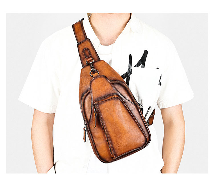 Whatna アンティーク風合い鞣し天 然 牛 革 ワンショルダーメンズバッグボディバッグ 胸バッグ斜めがけバッグ 肩掛けバッグ 本革 厚手 レザー プレゼント 紳士用 男性用 9215-8