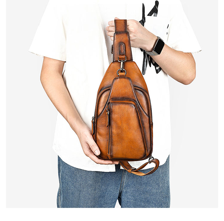 Whatna アンティーク風合い鞣し天 然 牛 革 ワンショルダーメンズバッグボディバッグ 胸バッグ斜めがけバッグ 肩掛けバッグ 本革 厚手 レザー プレゼント 紳士用 男性用 9215-10