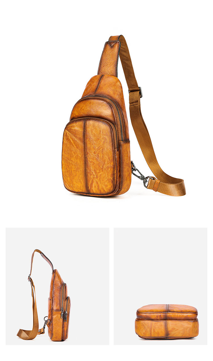 Whatna アンティーク風合い鞣し天 然 牛 革 ワンショルダーメンズバッグボディバッグ 胸バッグ斜めがけバッグ 肩掛けバッグ  本革 厚手 レザー プレゼント 紳士用 男性用 9181-1