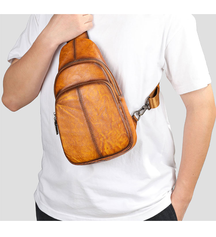 Whatna アンティーク風合い鞣し天 然 牛 革 ワンショルダーメンズバッグボディバッグ 胸バッグ斜めがけバッグ 肩掛けバッグ  本革 厚手 レザー プレゼント 紳士用 男性用 9181-6
