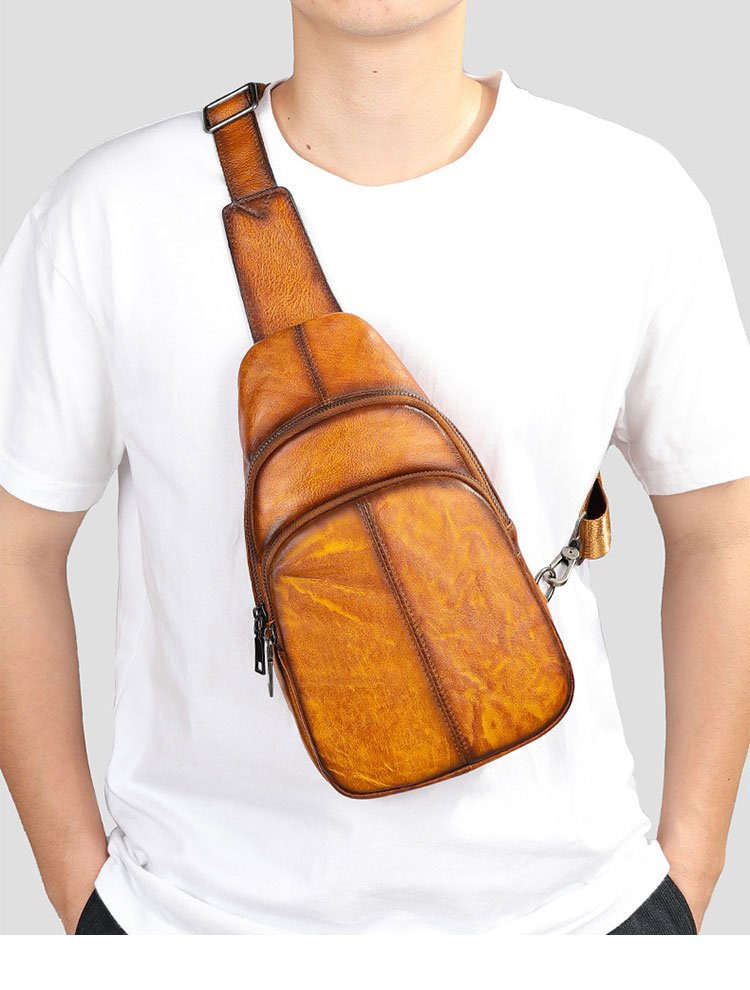 Whatna アンティーク風合い鞣し天 然 牛 革 ワンショルダーメンズバッグボディバッグ 胸バッグ斜めがけバッグ 肩掛けバッグ  本革 厚手 レザー プレゼント 紳士用 男性用 9181-7