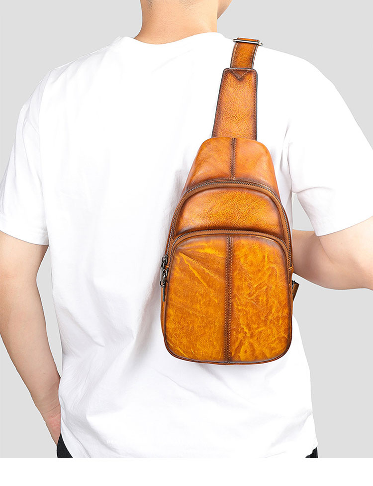 Whatna アンティーク風合い鞣し天 然 牛 革 ワンショルダーメンズバッグボディバッグ 胸バッグ斜めがけバッグ 肩掛けバッグ  本革 厚手 レザー プレゼント 紳士用 男性用 9181-9