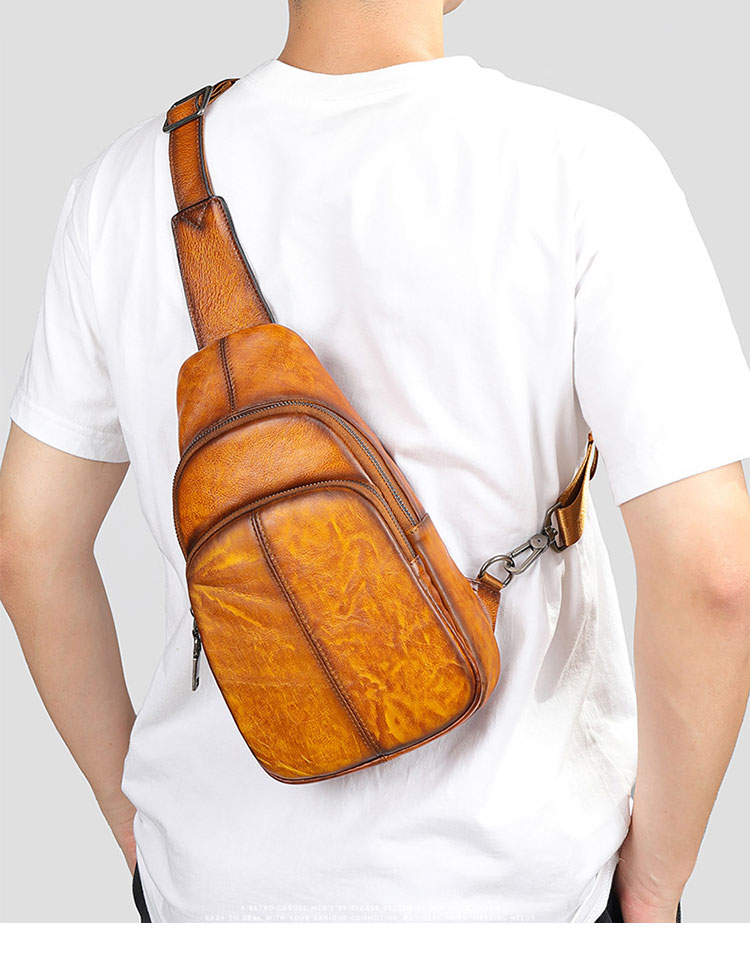 Whatna アンティーク風合い鞣し天 然 牛 革 ワンショルダーメンズバッグボディバッグ 胸バッグ斜めがけバッグ 肩掛けバッグ  本革 厚手 レザー プレゼント 紳士用 男性用 9181-8