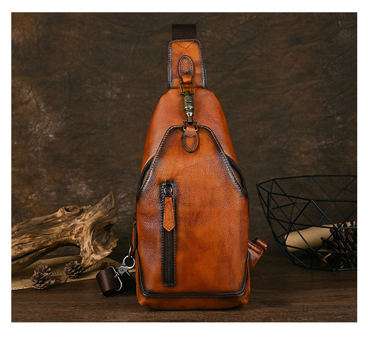 Whatna アンティーク風合い鞣し天 然 牛 革 ワンショルダーメンズバッグボディバッグ 胸バッグ斜めがけバッグ 肩掛けバッグ  本革 厚手 レザー プレゼント 紳士用 男性用 526-1