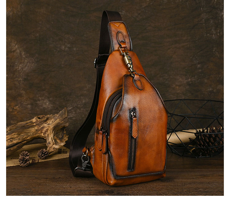 Whatna アンティーク風合い鞣し天 然 牛 革 ワンショルダーメンズバッグボディバッグ 胸バッグ斜めがけバッグ 肩掛けバッグ  本革 厚手 レザー プレゼント 紳士用 男性用 526-2