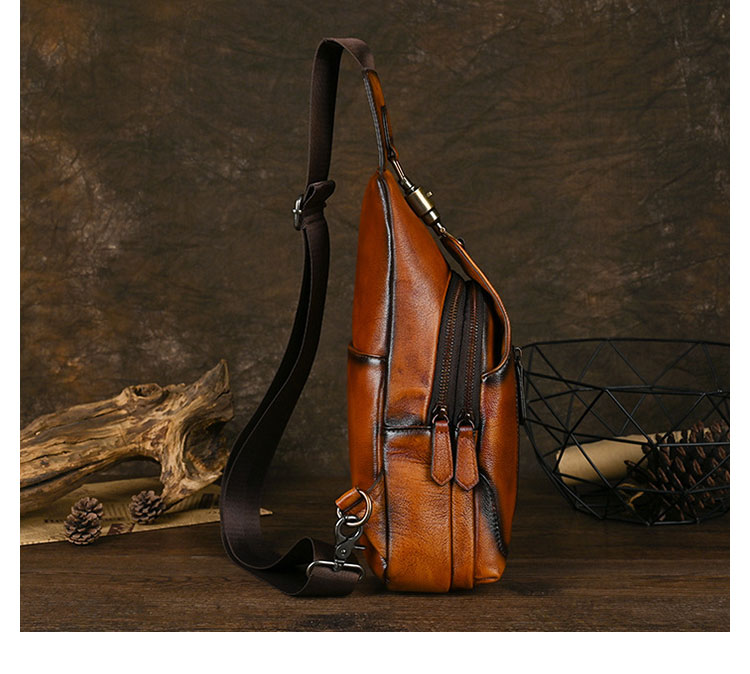 Whatna アンティーク風合い鞣し天 然 牛 革 ワンショルダーメンズバッグボディバッグ 胸バッグ斜めがけバッグ 肩掛けバッグ  本革 厚手 レザー プレゼント 紳士用 男性用 526-3