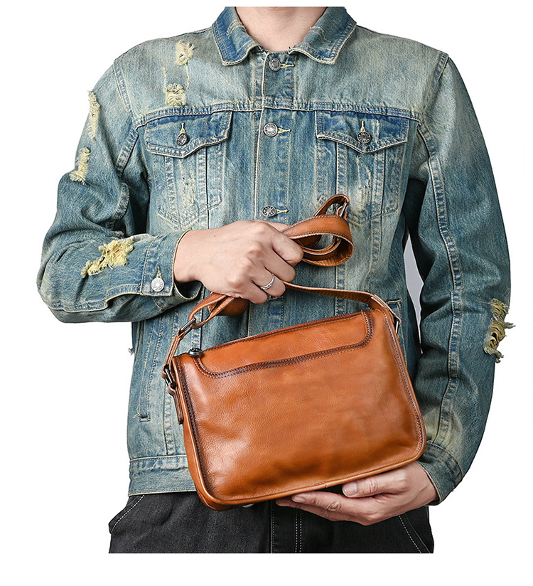 Whatna アンティーク風合い鞣し 天 然 牛 革ワンショルダーメンズ  斜め掛け ボディバッグ 胸バッグ 肩掛けバッグ 手提げバッグ 手持げバッグ クラッチバッグ 横型 小さい結婚式 バッグ ビジネス フォーマル 冠婚葬祭 バッグ 13753-11