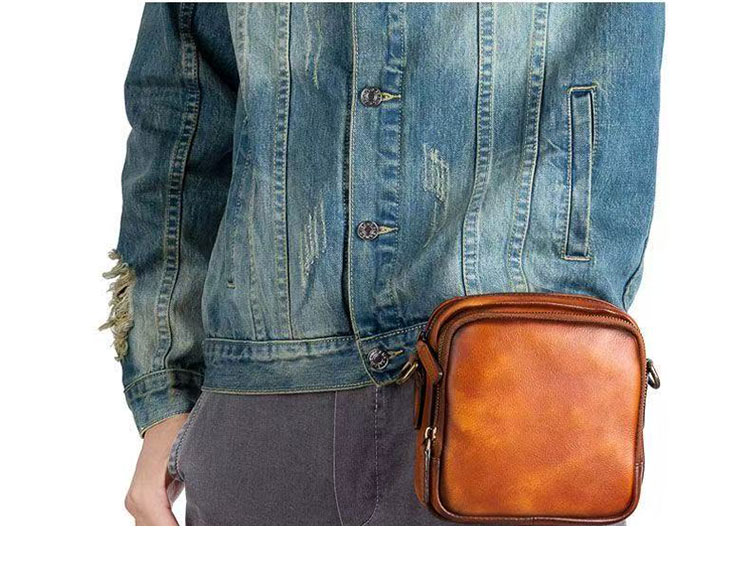 Whatna アンティーク風合い鞣し 天 然 牛 革ミニショルダーバッグ メンズ  ミニウエストバッグ ウエストポーチバイク用 本革 男女兼用 ミニ斜め掛け ボディバッグ 胸バッグ  ワンショルダー 軽量 ブラウン 黒13645-11