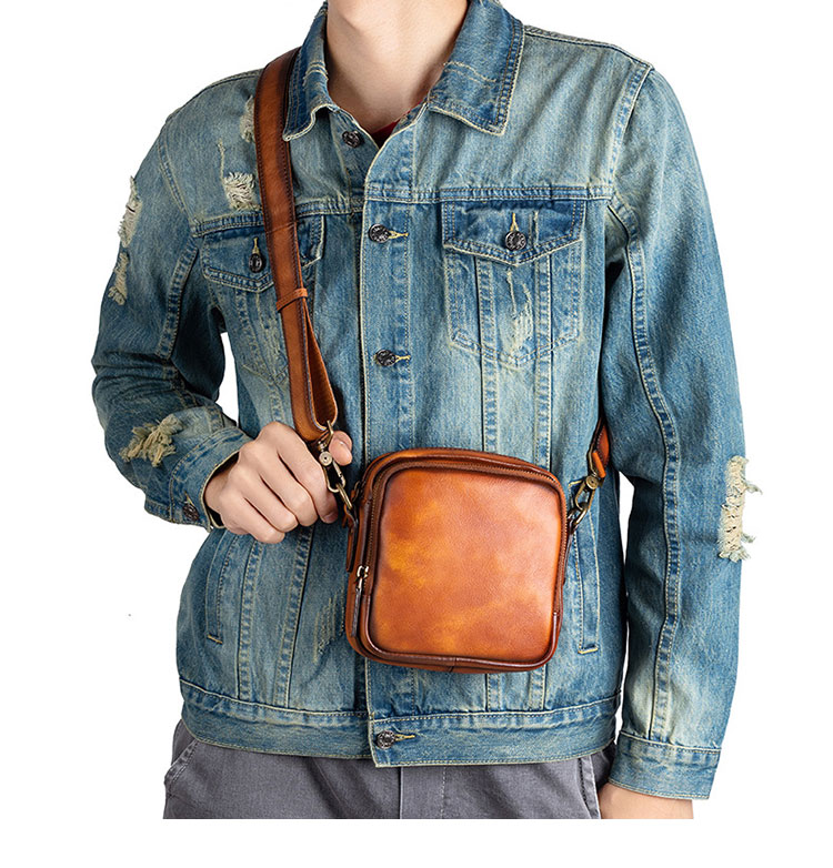 Whatna アンティーク風合い鞣し 天 然 牛 革ミニショルダーバッグ メンズ  ミニウエストバッグ ウエストポーチバイク用 本革 男女兼用 ミニ斜め掛け ボディバッグ 胸バッグ  ワンショルダー 軽量 ブラウン 黒13645-12