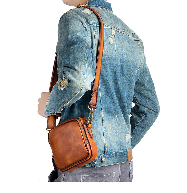 Whatna アンティーク風合い鞣し 天 然 牛 革ミニショルダーバッグ メンズ  ミニウエストバッグ ウエストポーチバイク用 本革 男女兼用 ミニ斜め掛け ボディバッグ 胸バッグ  ワンショルダー 軽量 ブラウン 黒13645-13