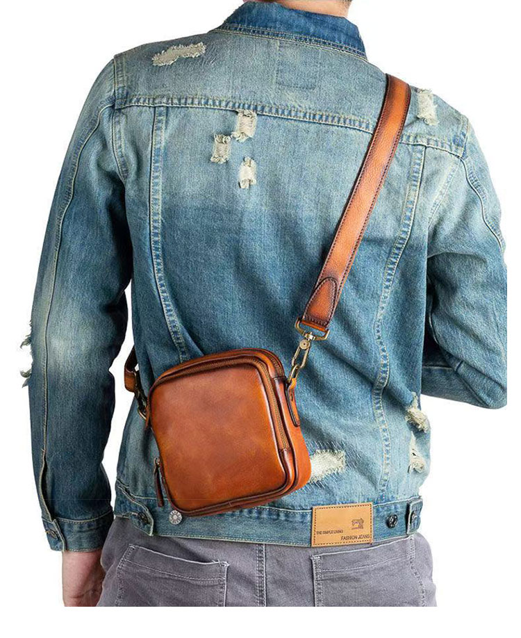 Whatna アンティーク風合い鞣し 天 然 牛 革ミニショルダーバッグ メンズ  ミニウエストバッグ ウエストポーチバイク用 本革 男女兼用 ミニ斜め掛け ボディバッグ 胸バッグ  ワンショルダー 軽量 ブラウン 黒13645-10