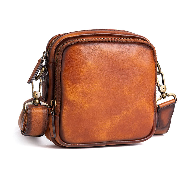 Whatna アンティーク風合い鞣し 天 然 牛 革ミニショルダーバッグ メンズ  ミニウエストバッグ ウエストポーチバイク用 本革 男女兼用 ミニ斜め掛け ボディバッグ 胸バッグ  ワンショルダー 軽量 ブラウン 黒13645-3